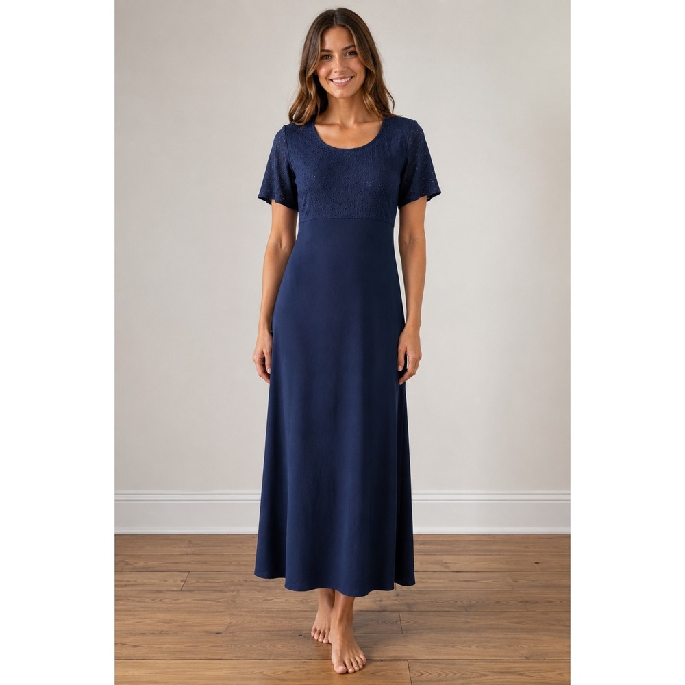 Vintage Cottagecore Maxi Dress 12 Eyelet Lace Country Prairie Modest Navy Blue